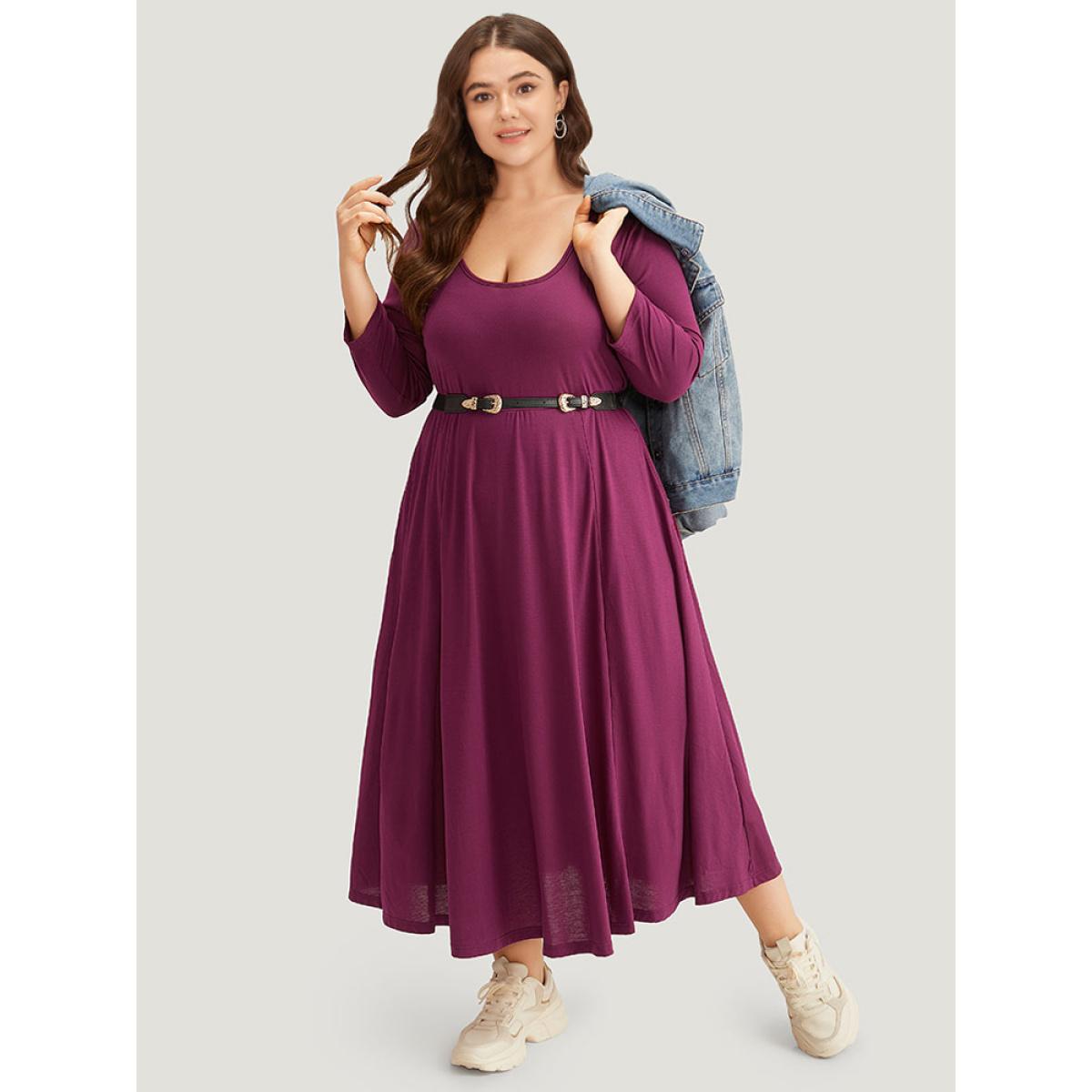Plus Size Supersoft Essentials Scoop Neck Pleated Dress RedViolet Women Casual Plain Scoop Neck Elbow-length sleeve Curvy Midi Dress BloomChic 12/L Product Image