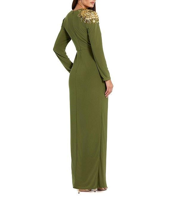 Mac Duggal Jersey Knit Beaded Shoulder Crew Neck Long Sleeve Wrap Gown Product Image