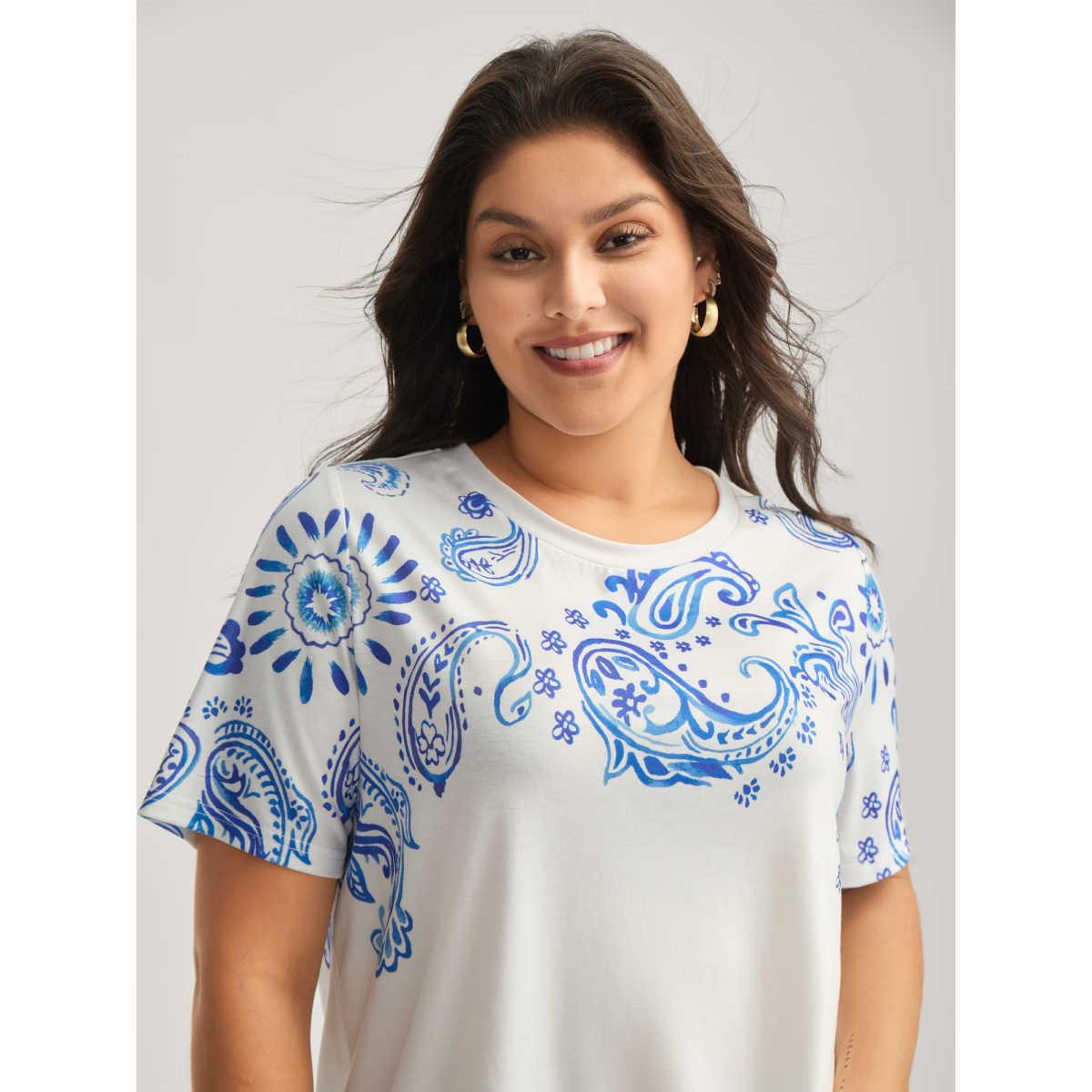 Plus Size Paisley Print Solid T-Shirt Originalwhite Women Round Neck Everyday-Casual T-shirts BloomChic 26/4X Product Image