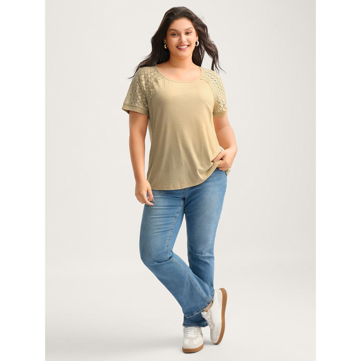 Plus Size Sheer Lace Sleeve Spliced Solid T-Shirt Champagne Women Woven ribbon&lace trim Round Neck Everyday-Casual T-shirts BloomChic 30/6X Product Image