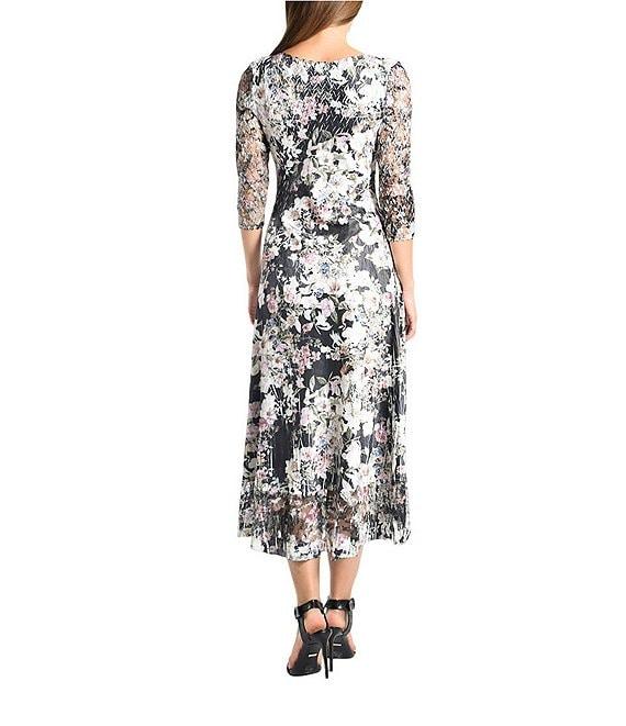 Komarov Floral Charmeuse V-Neckline Lace 3/4 Sleeve Midi Dress Product Image