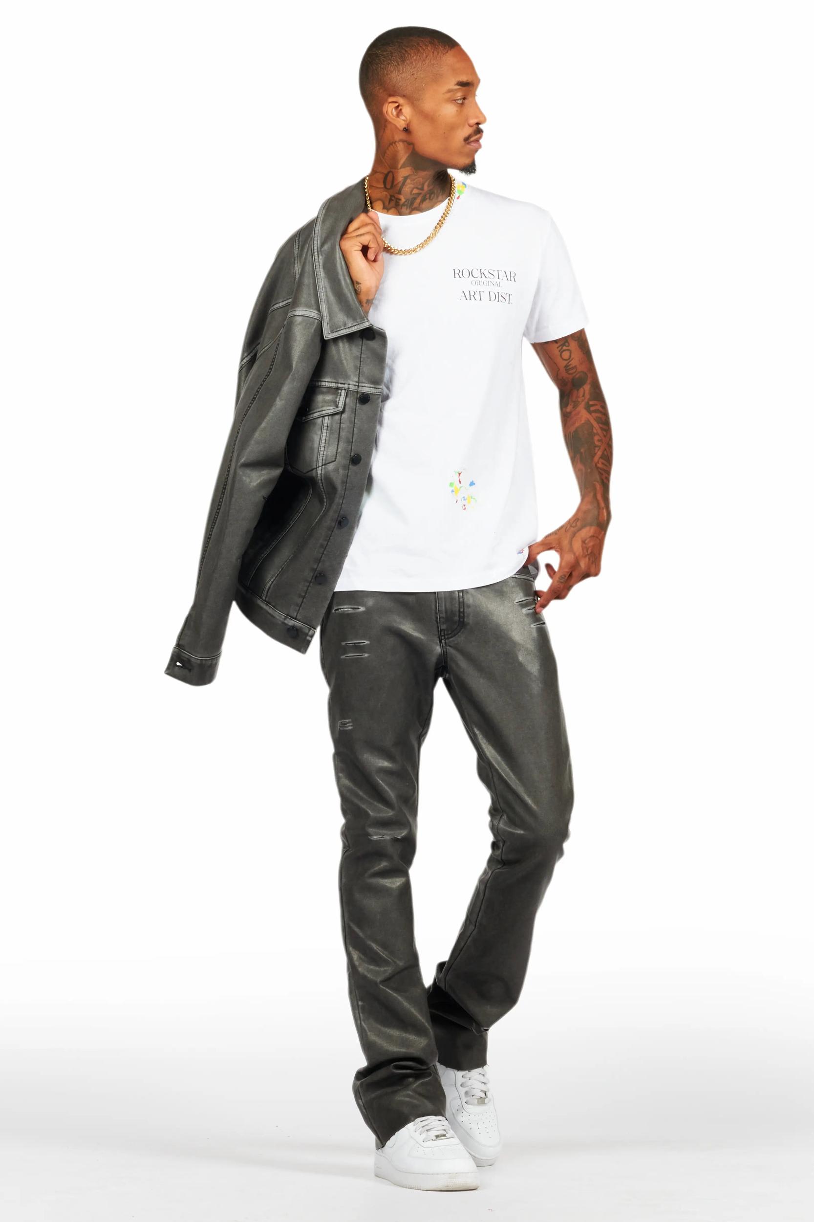 Deco Black Distressed PU Stacked Flare Jean Male Product Image