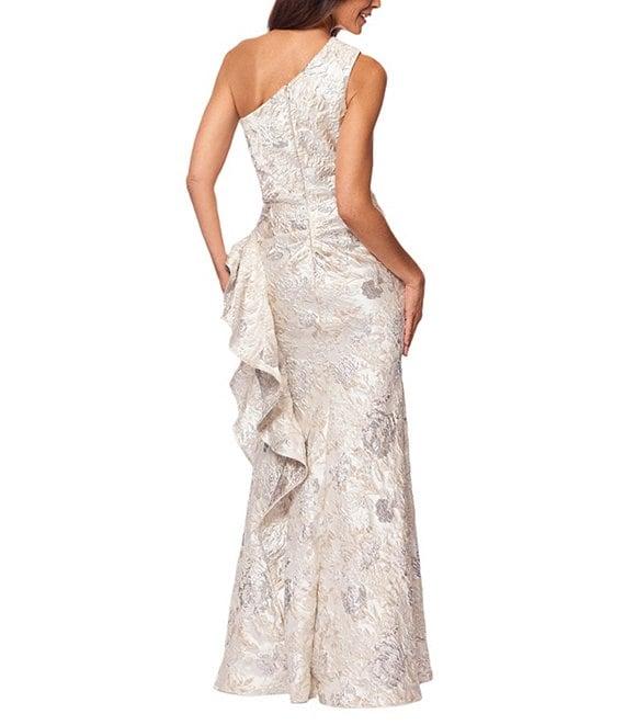 Xscape One Shoulder Cascading Side Ruffle Jacquard Sheath Gown Product Image