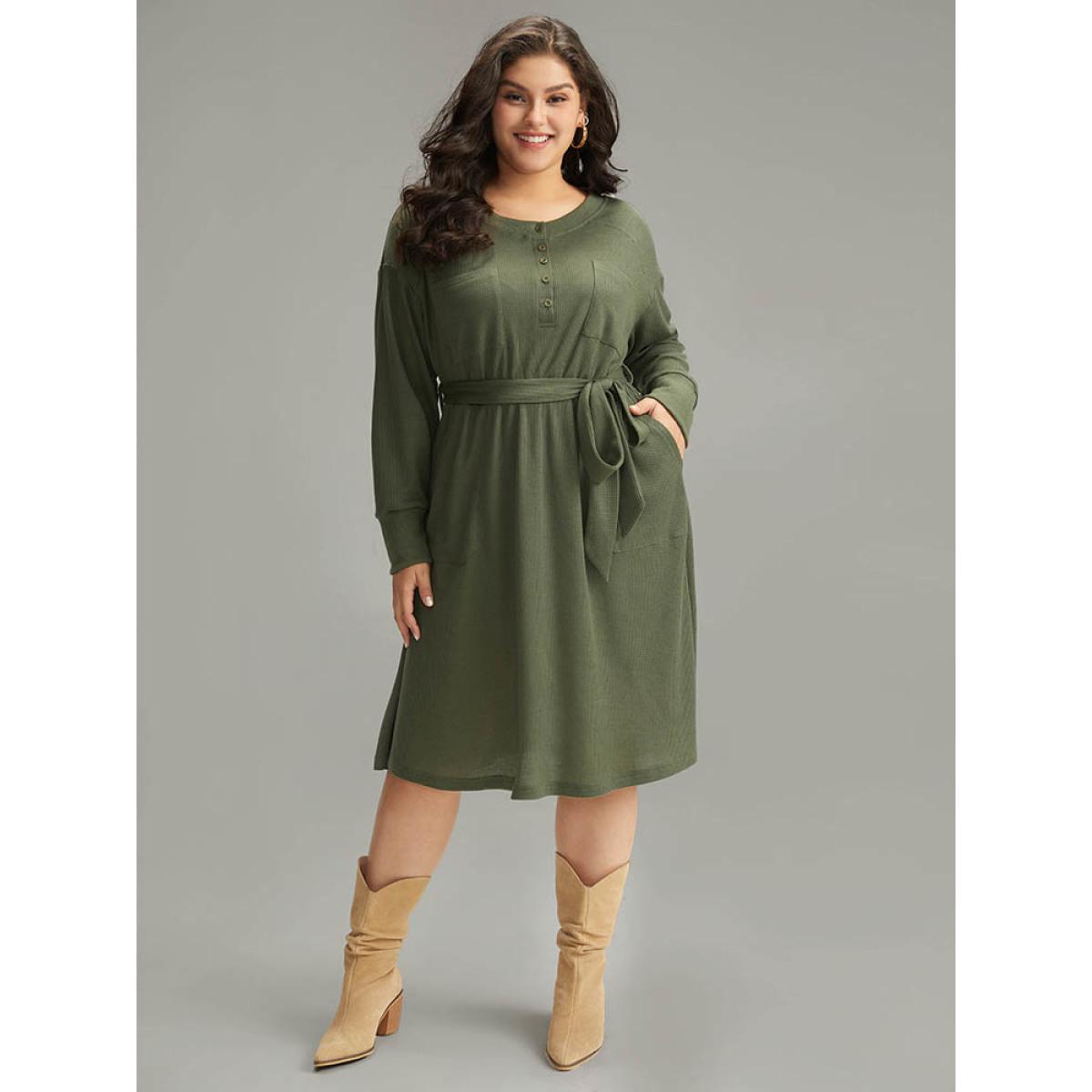Plus Size Plain Textured Belted Button Up Dress ArmyGreen Women Casual Texture Round Neck Long Sleeve Curvy Midi Dress BloomChic 12/L Product Image