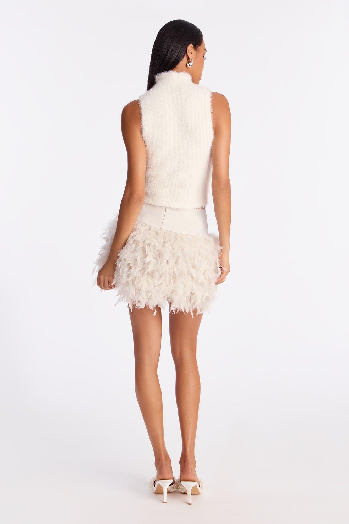 Came To Party Feathered Satin Mini Skirt - Cream Female Product Image