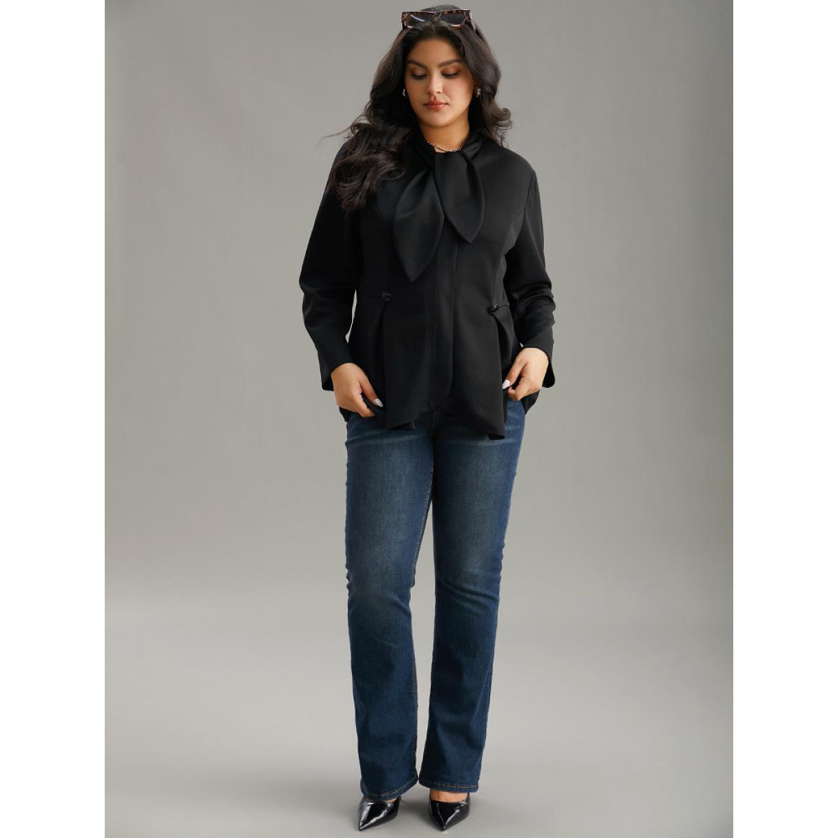 Plus Size Plain Button Detail Asymmetrical Ties Blazer Black Women Dailywear Plain Plain Sleeve Long Sleeve Asymmetrical Neck 18-20/2X Elegant Blazers BloomChic Product Image