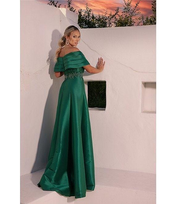 Terani Couture Pleated Off-the-Shoulder Waist Applique Ball Gown Product Image