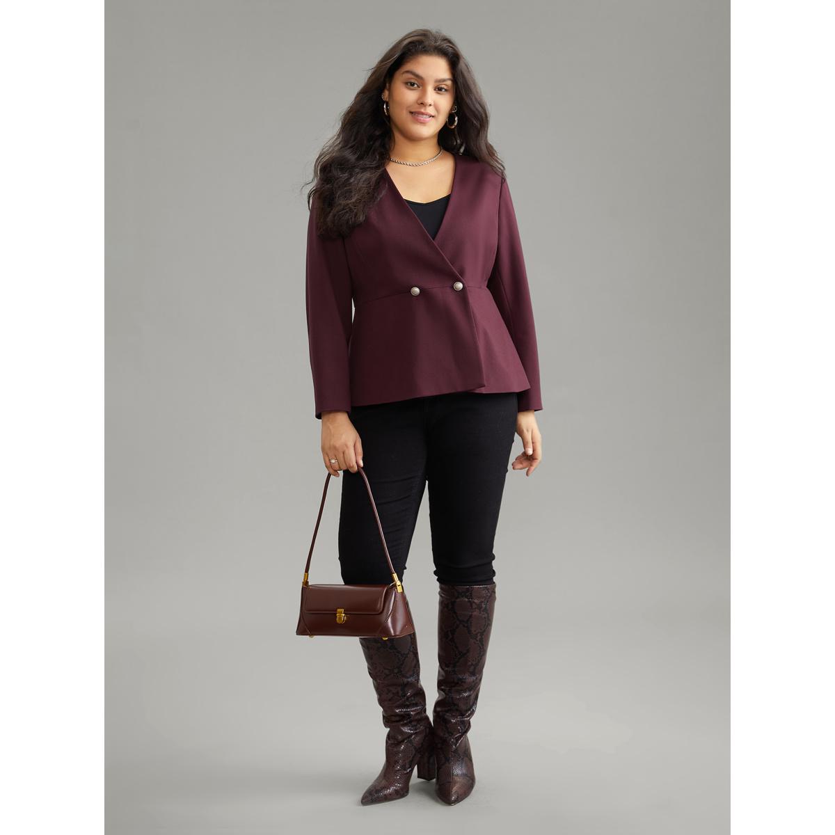 Plus Size Plain Deep V Neck Buckle Detail Blazer Burgundy Women Office Plain Sleeve Long Sleeve Deep V-neck 12/L Office Blazers BloomChic Product Image