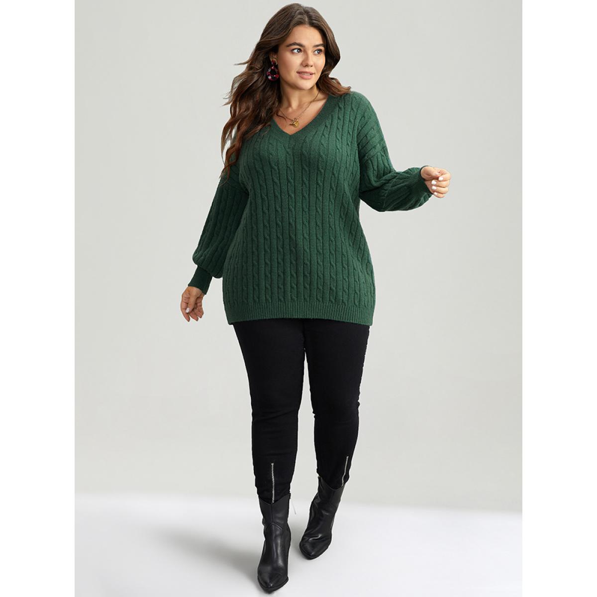 Plus Size Lurex Cable Knit Plain V Neck Pullover DarkGreen Women Casual Loose Long Sleeve V-neck Dailywear Pullovers BloomChic 26/4X Product Image