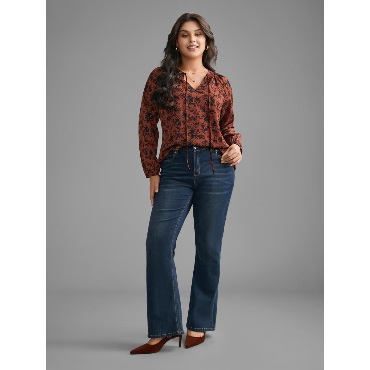 Plus Size Russet Silhouette Floral Print Shirred Gathered Blouse Women Elegant Long Sleeve Wrap collar Everyday Blouses BloomChic 28/5X Product Image