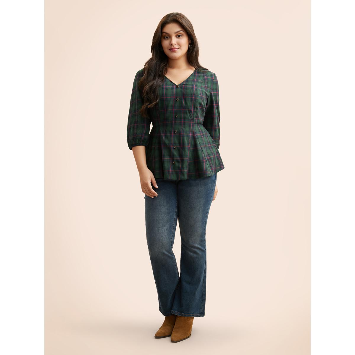 Plus Size DarkGreen Plaid Button Detail Lantern Sleeve Blouse Women Elegant Elbow-length sleeve V-neck Everyday Blouses BloomChic 28/5X Product Image