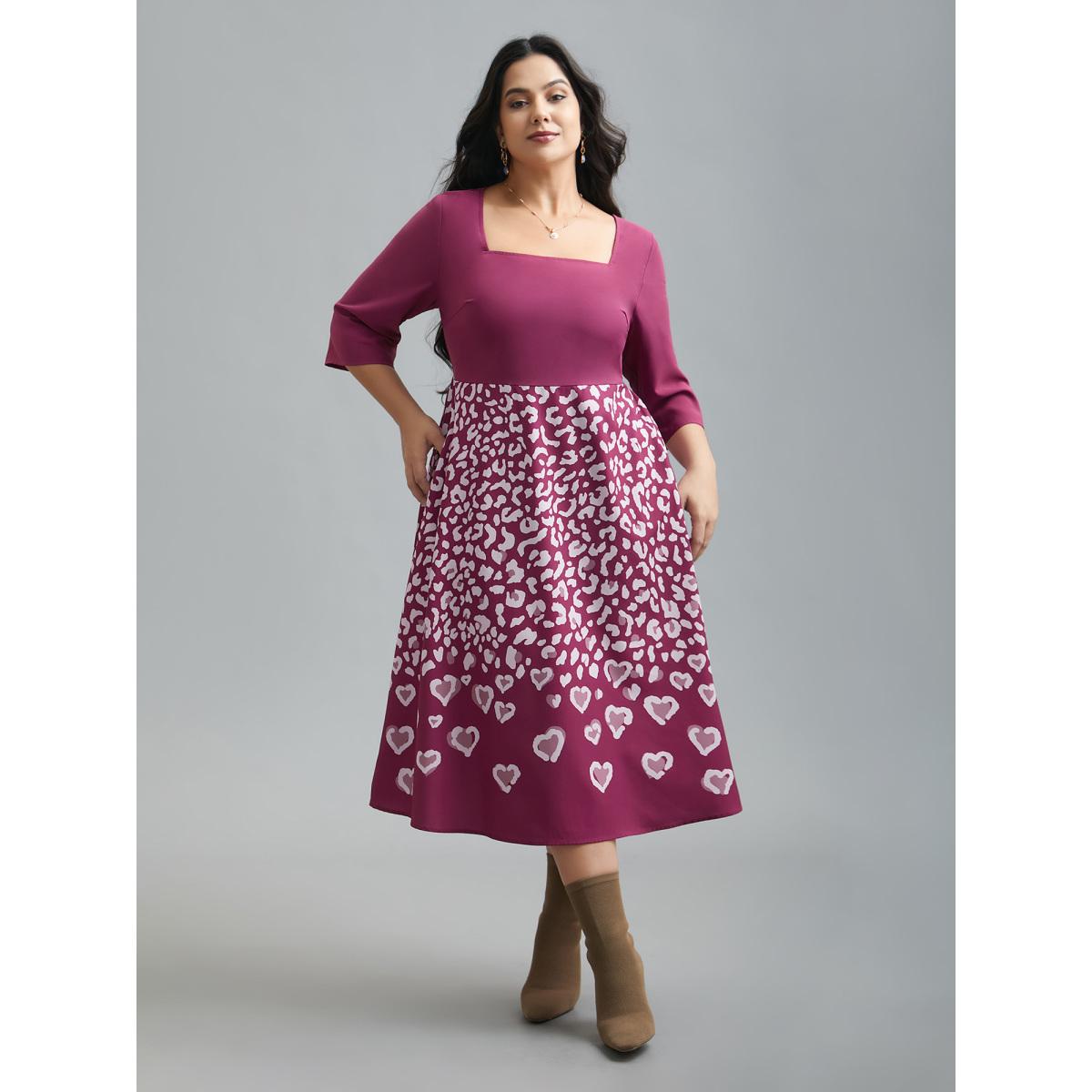 Plus Size Square Neck Contrast Boho Print Midi Dress Deeppurplered Women Elegant Patchwork Square Neck Elbow-length sleeve Curvy BloomChic 22-24/3X Product Image