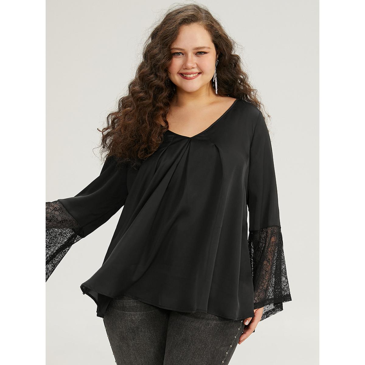 Plus Size Black Halloween Lace Patchwork Ties Bell Sleeve Blouse Women Elegant Long Sleeve V-neck Festival-Halloween Blouses BloomChic 22-24/3X Product Image