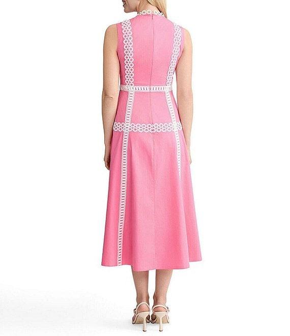 MISOOK Woven Eyelet Lace Contrast Trim Round Neck Sleeveless Fit And Flare Maxi Dress Product Image