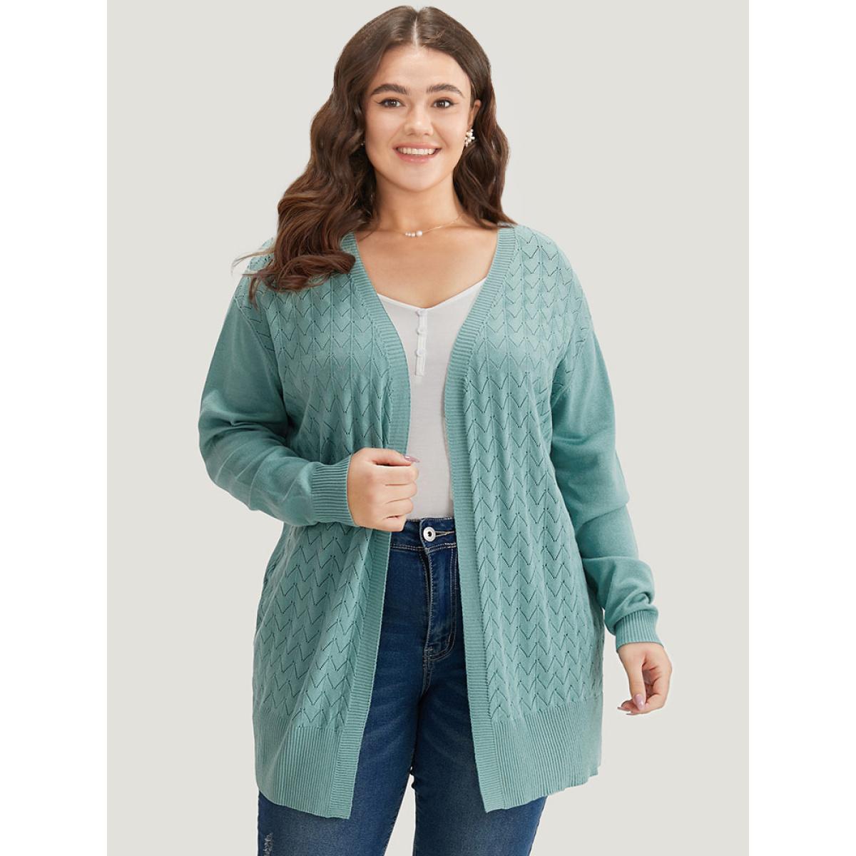 Plus Size Supersoft Essentials Geometric Eyelet Open Front Cardigan Emerald Women Casual Loose Long Sleeve Dailywear Cardigans BloomChic 30/6X Product Image