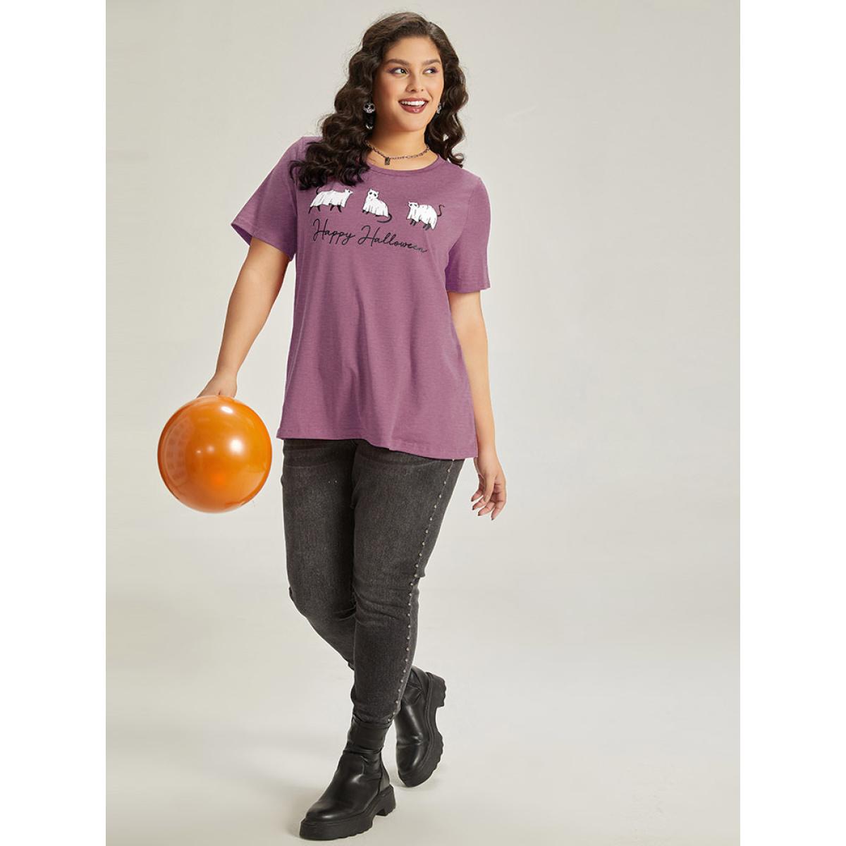 Plus Size Halloween Letter & Animals Crew Neck T-shirt DustyPink Women Casual Printed Halloween Festival-Halloween T-shirts BloomChic 10/M Product Image