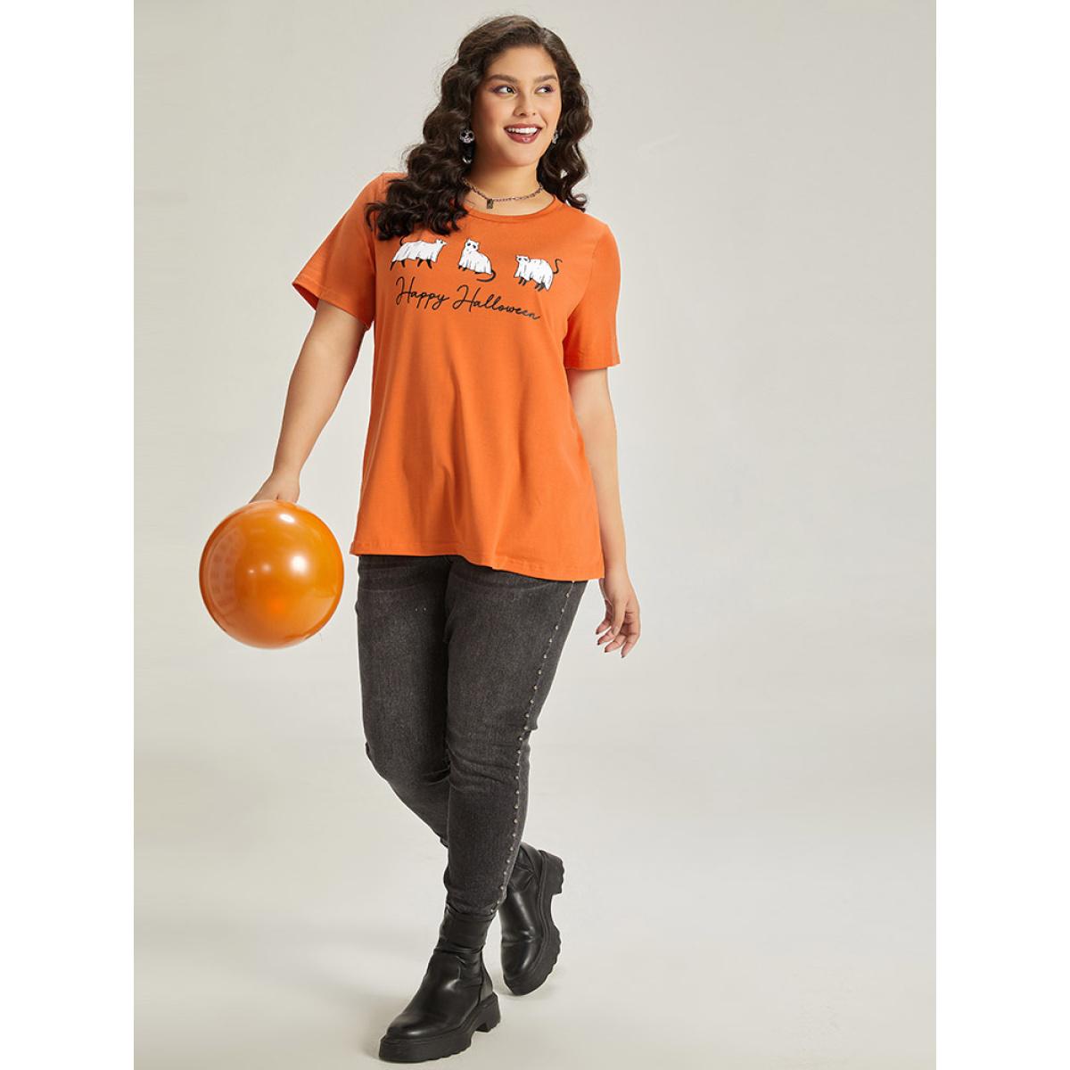 Plus Size Halloween Letter & Animals Crew Neck T-shirt OrangeRed Women Casual Printed Halloween Festival-Halloween T-shirts BloomChic 30/6X Product Image