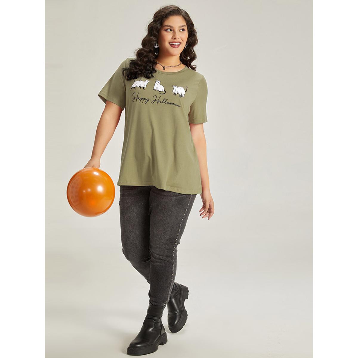 Plus Size Halloween Letter & Animals Crew Neck T-shirt ArmyGreen Women Casual Printed Halloween Festival-Halloween T-shirts BloomChic 12/L Product Image