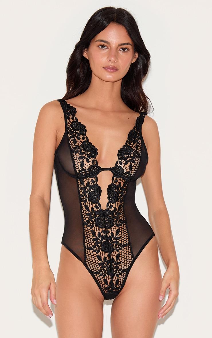 Black Mesh Deep Plunge Crochet Lace Bodysuit Product Image