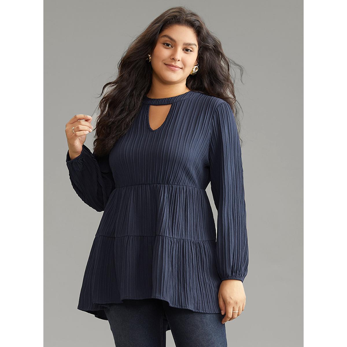 Plus Size Indigo Keyhole Textured Lantern Sleeve Layered Hem Blouse Women Casual Long Sleeve Keyhole Cut-Out Dailywear Blouses BloomChic 26/4X Product Image
