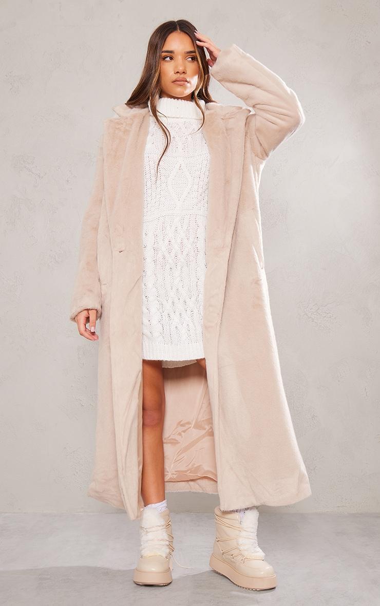  Beige Premium Soft Faux Fur Tailored Maxi Coat Product Image