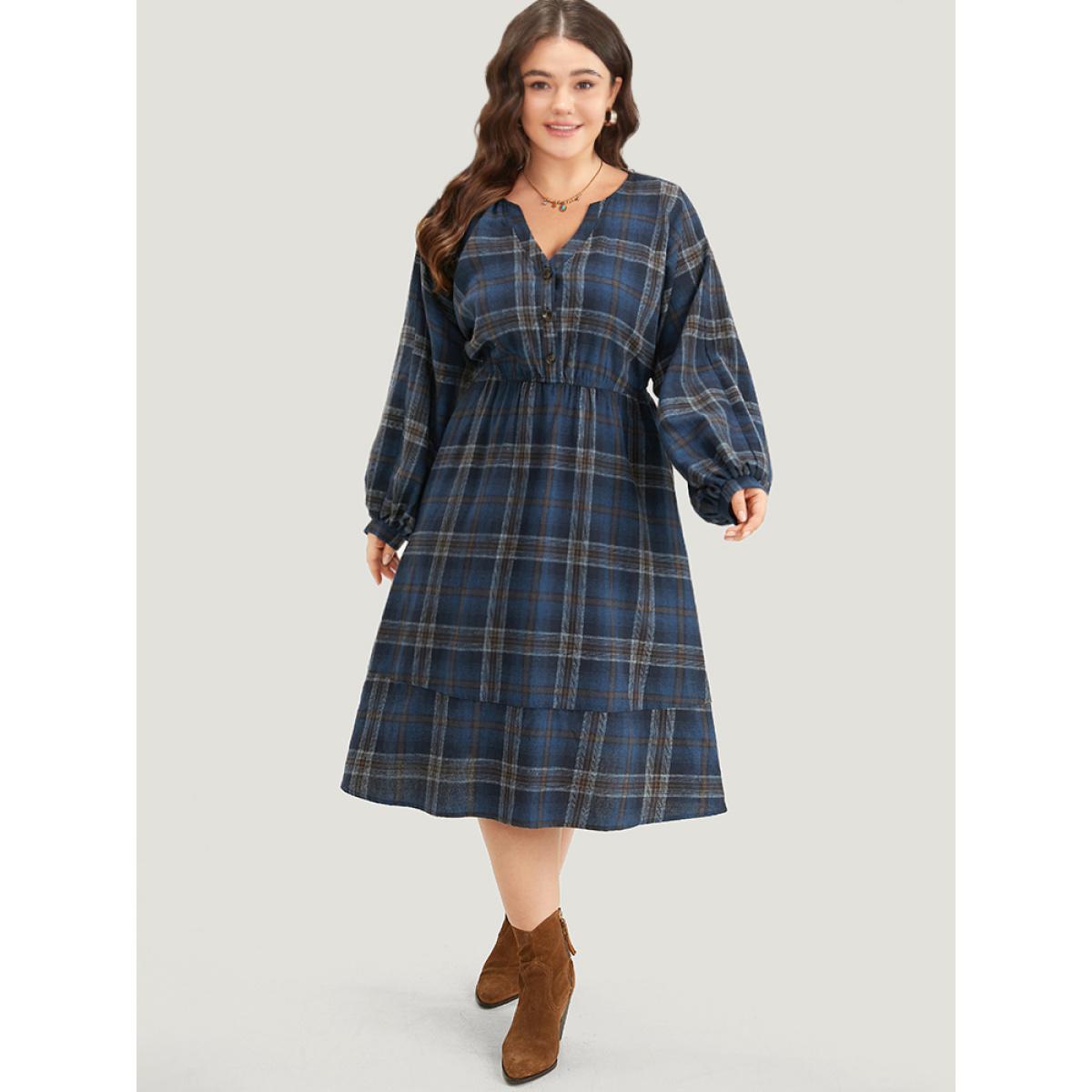 Plus Size Plaid Notched Button Up Lantern Sleeve Dress Aegean Women Casual Elastic cuffs Notched collar Long Sleeve Curvy Midi Dress BloomChic 14-16/1X Product Image