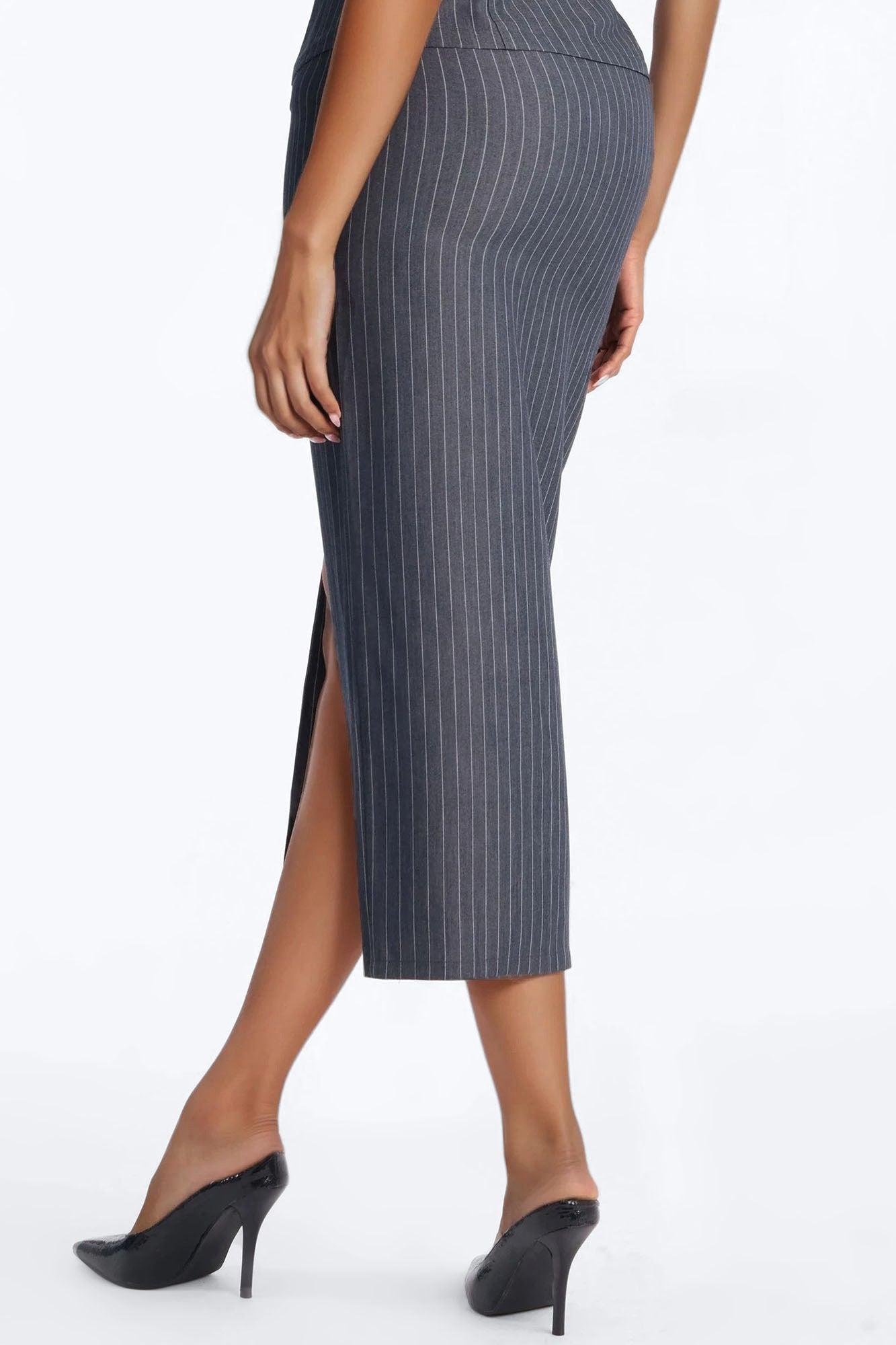 Dangerously Cute Pinstripe Midi Skirt - Charcoal/combo Female Product Image