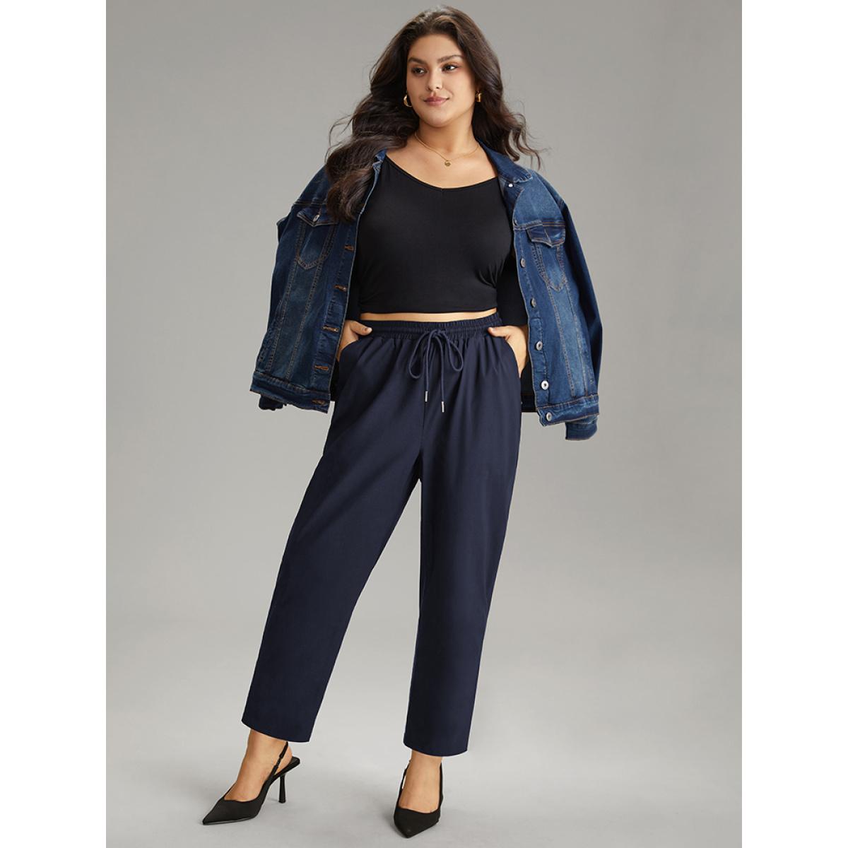 Plus Size Solid Drawstring Pocket Elastic Waist Pants Women Indigo Casual Straight Leg High Rise Dailywear Pants BloomChic 12/L Product Image