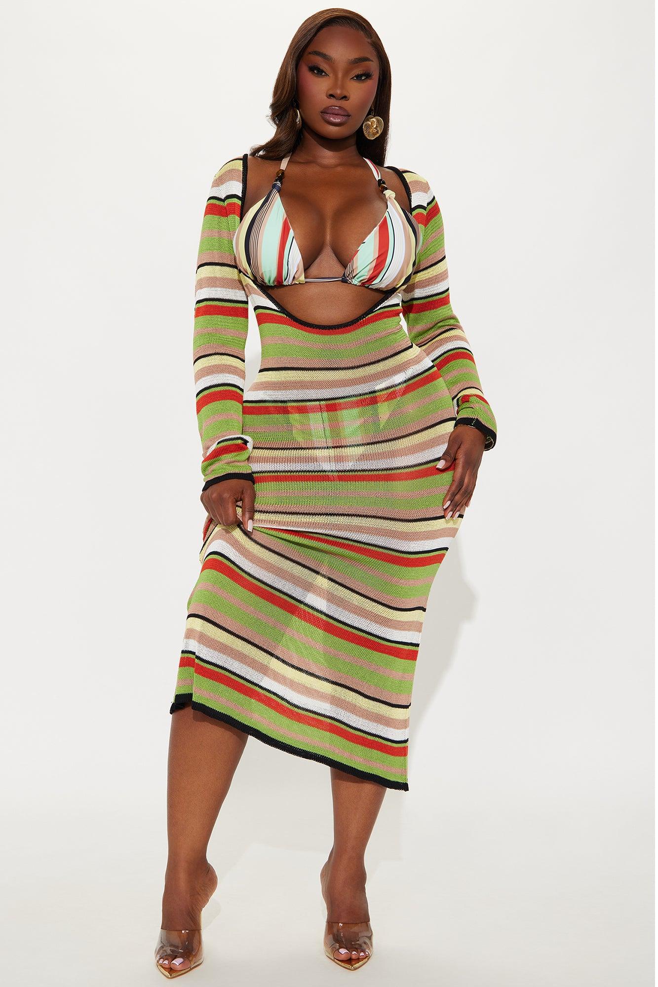 Genesis Striped 3 Piece Bikini & Knit Dress Set - Green/combo Female Product Image
