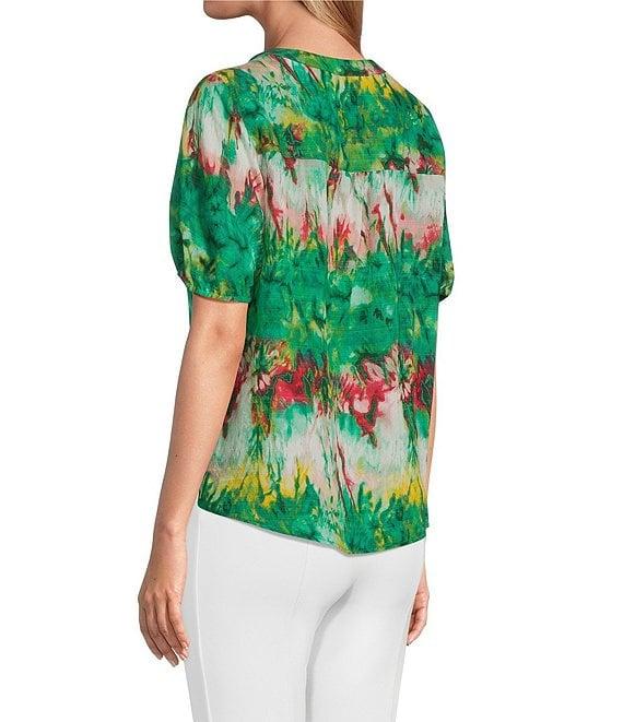Slim Factor By Investments Julia Simply Green Multi Tie Dye Print V-Neck Short Sleeve Top Product Image