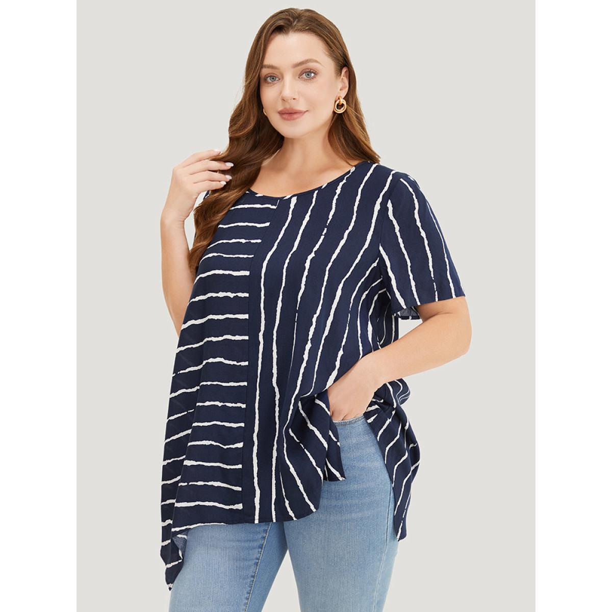 Plus Size Indigo Striped Patchwork Hanky Hem Blouse Women Office Short sleeve Round Neck Dailywear Blouses BloomChic 12/L Product Image