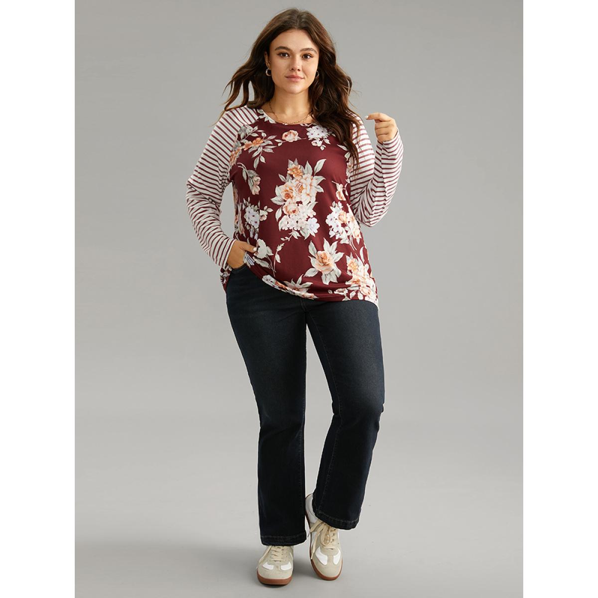 Plus Size Striped Patchwork Floral Print T-shirt Burgundy Women Elegant Contrast Striped Round Neck Dailywear T-shirts BloomChic 10/M Product Image