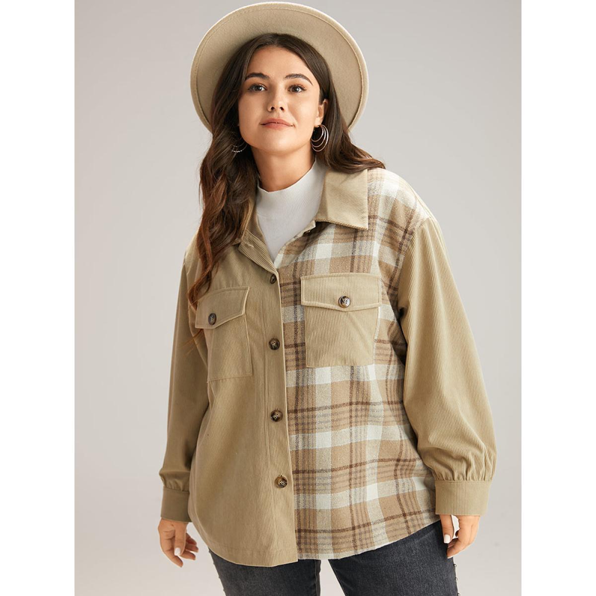 Plus Size Corduroy Plaid Patchwork Pocket Jacket Women Champagne Contrast Pocket Dailywear Jackets BloomChic 28/5X Product Image