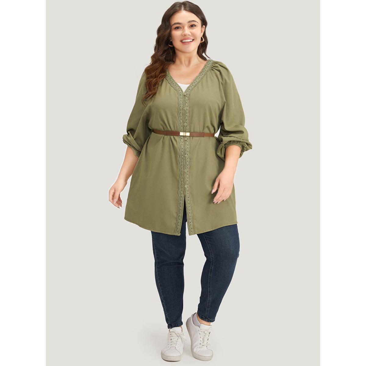 Plus Size Plain Contrast Lace Lantern Sleeve Button Fly Coat Women Sage Casual Elastic cuffs Ladies Dailywear Winter Coats BloomChic 18-20/2X Product Image