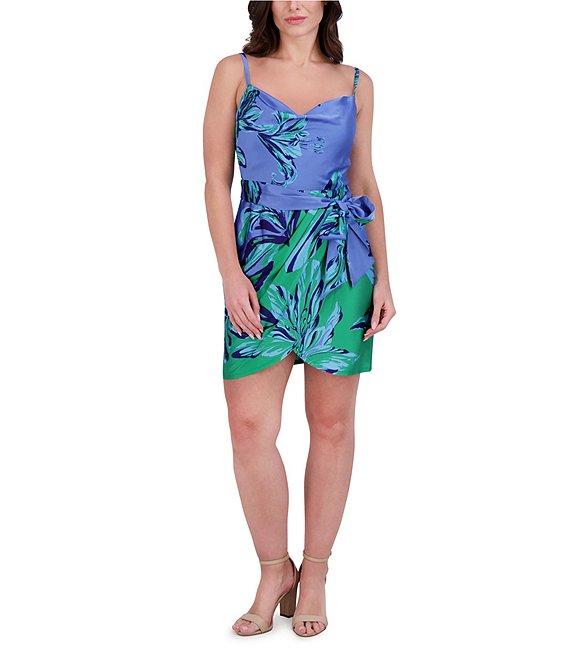 SIENA Charmeuse Floral Print Cowl Neck Sleeveless Belted Sheath Mini Dress Product Image