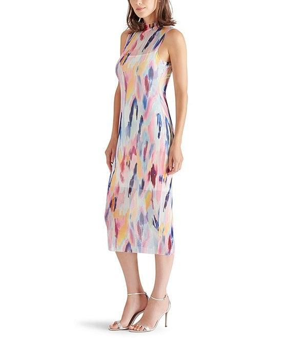 Steve Madden Sidra Watercolor Print Mock Neck Sleeveless Mesh Midi Dress Product Image