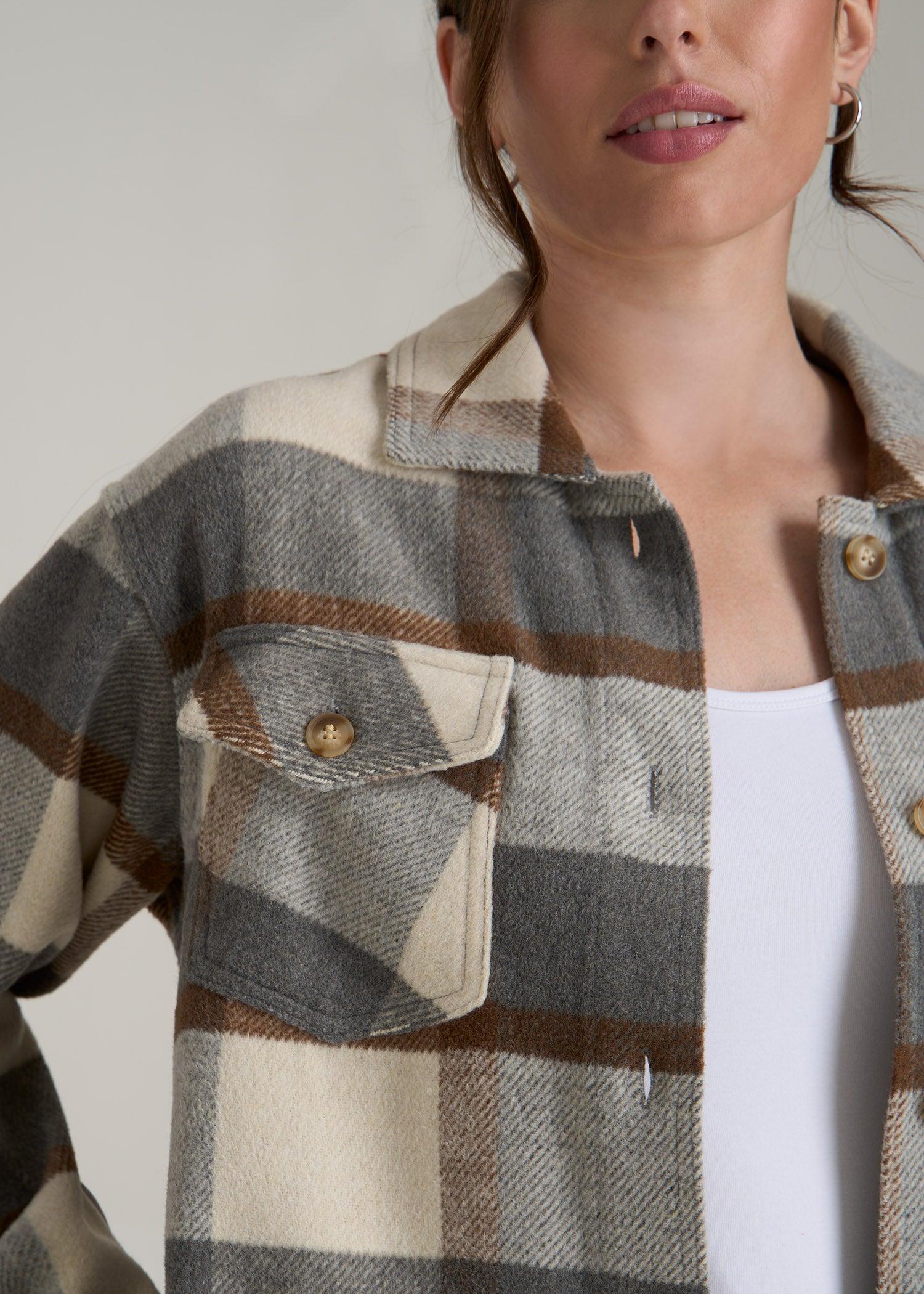 Flannel Shacket for Tall Women in Grey and Cream Plaid Female Product Image