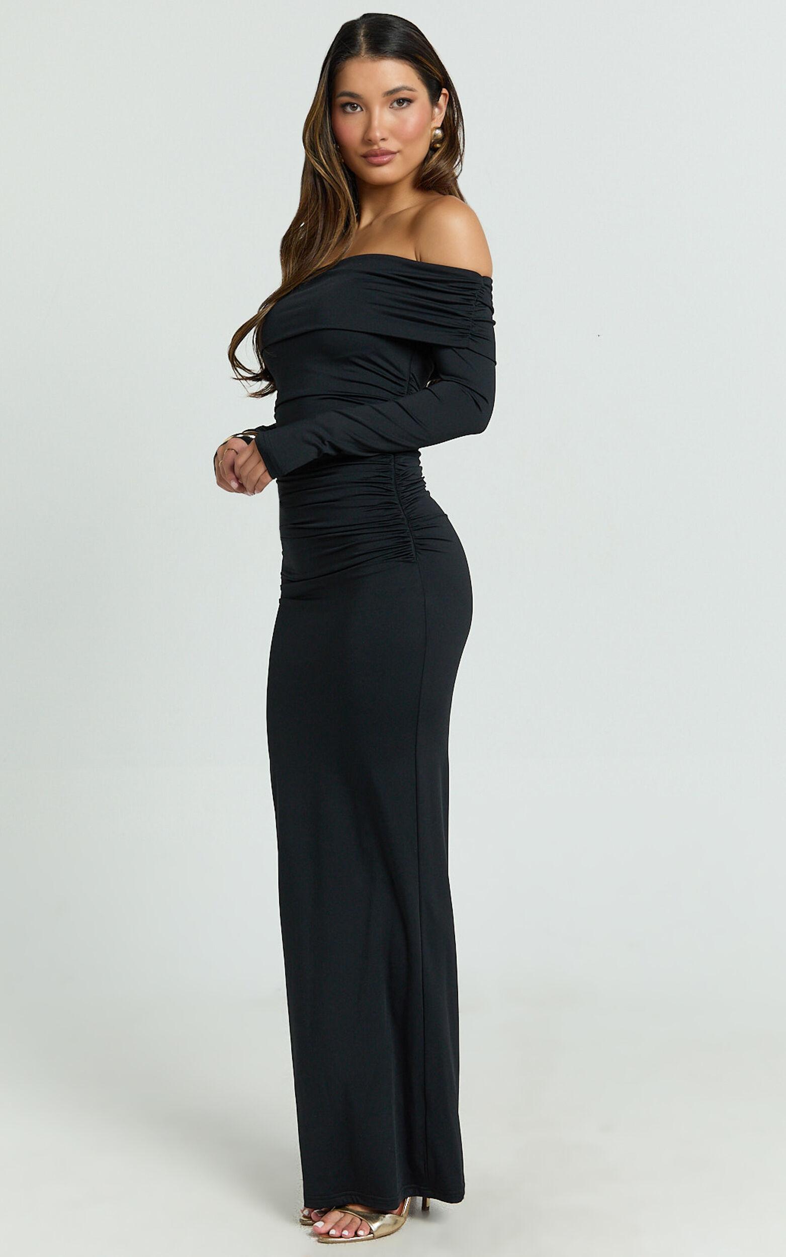 Emilie Maxi Dress - Off Shoulder Long Sleeve Ruched Jersey Dress in Black Product Image