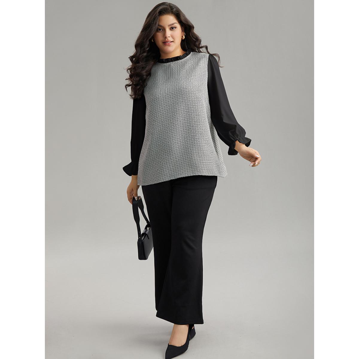 Plus Size Black Gingham Ruffles Patchwork Frill Trim Blouse Women Office Long Sleeve Stand-up collar Work Blouses BloomChic 18-20/2X Product Image