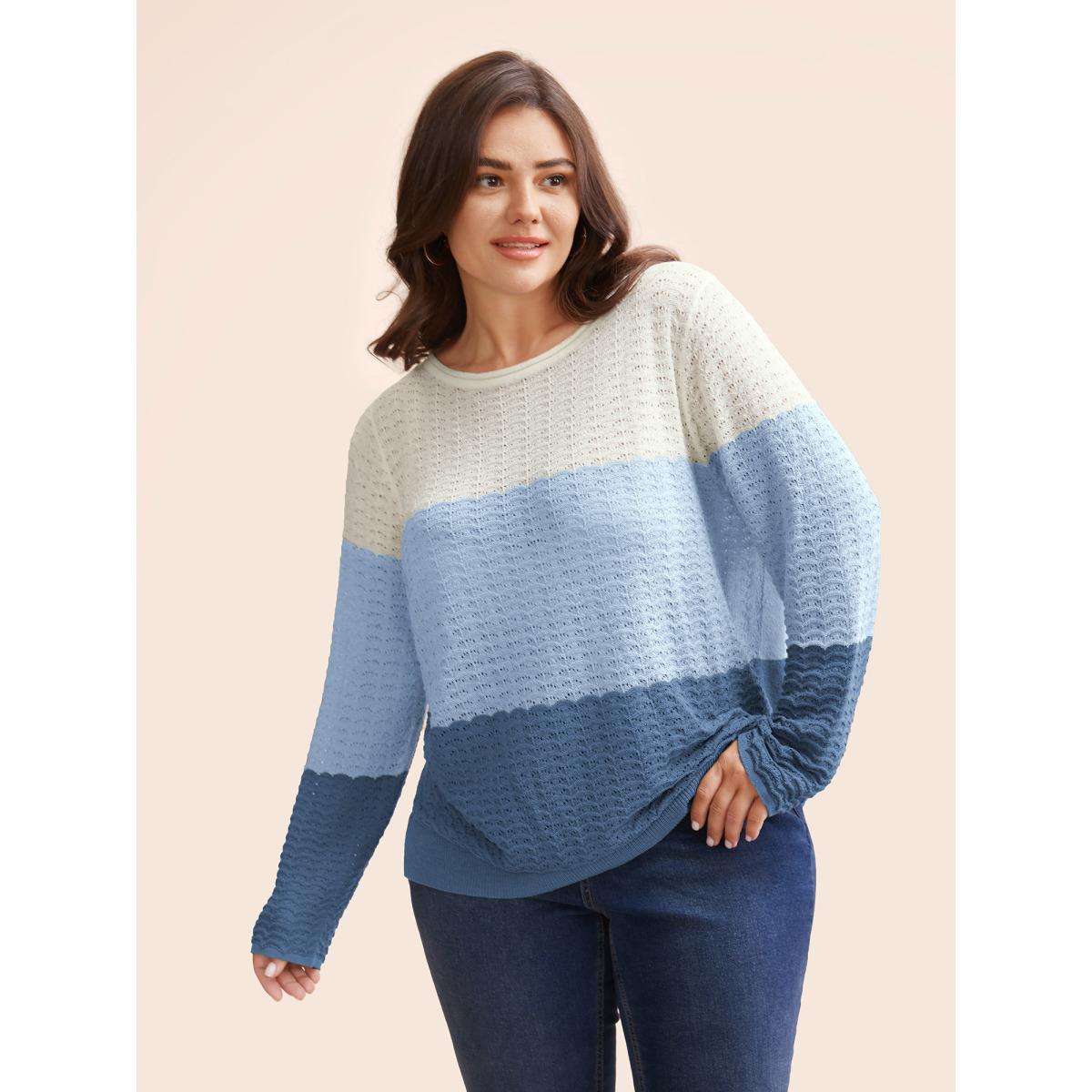 Plus Size Color Contrast Boat Neck Lightweight Pullover Skyblue Women Casual Loose Long Sleeve Boat Neck Everyday Pullovers BloomChic 10/M Product Image