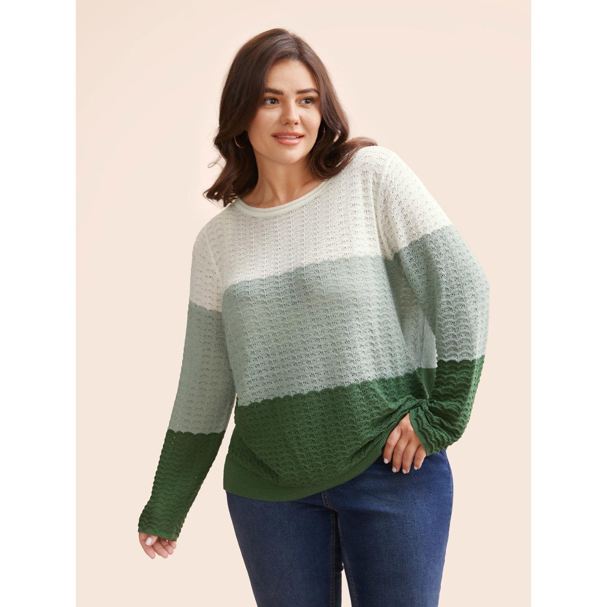 Plus Size Color Contrast Boat Neck Lightweight Pullover Moss Women Leisure Loose Long Sleeve Boat Neck Casual Pullovers BloomChic 18-20/2X Product Image