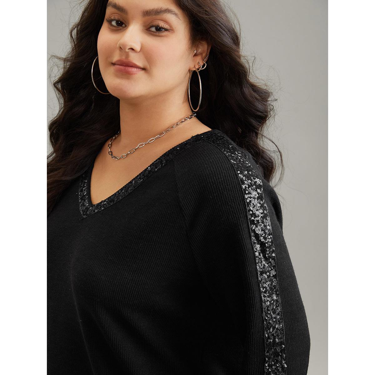 Plus Size Sequin Patchwork Raglan Sleeve Plisse Sweatshirt Women Black Casual Rib Knit V-neck Dailywear Sweatshirts BloomChic 28/5X Product Image