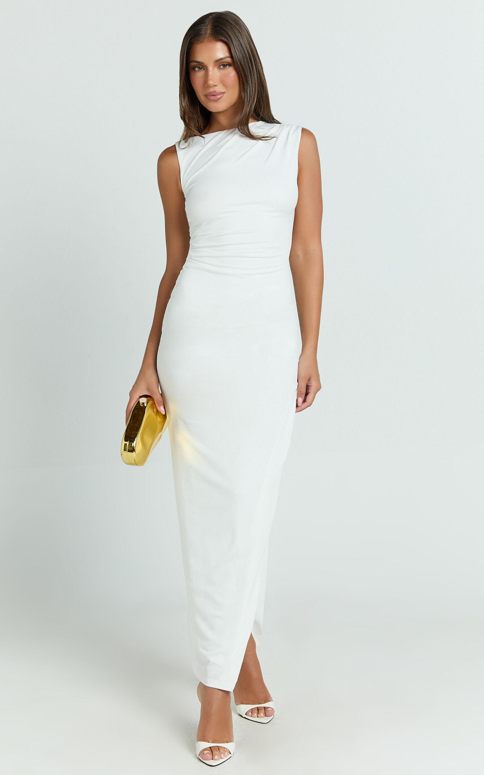 Bel Maxi Dress - Asymmetrical Ruched Side Fitted Dress in White Product Image