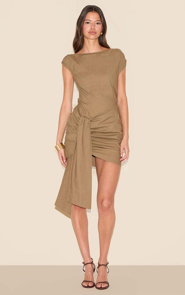  Khaki Wrap Detail Boatneck Bodycon Dress Product Image