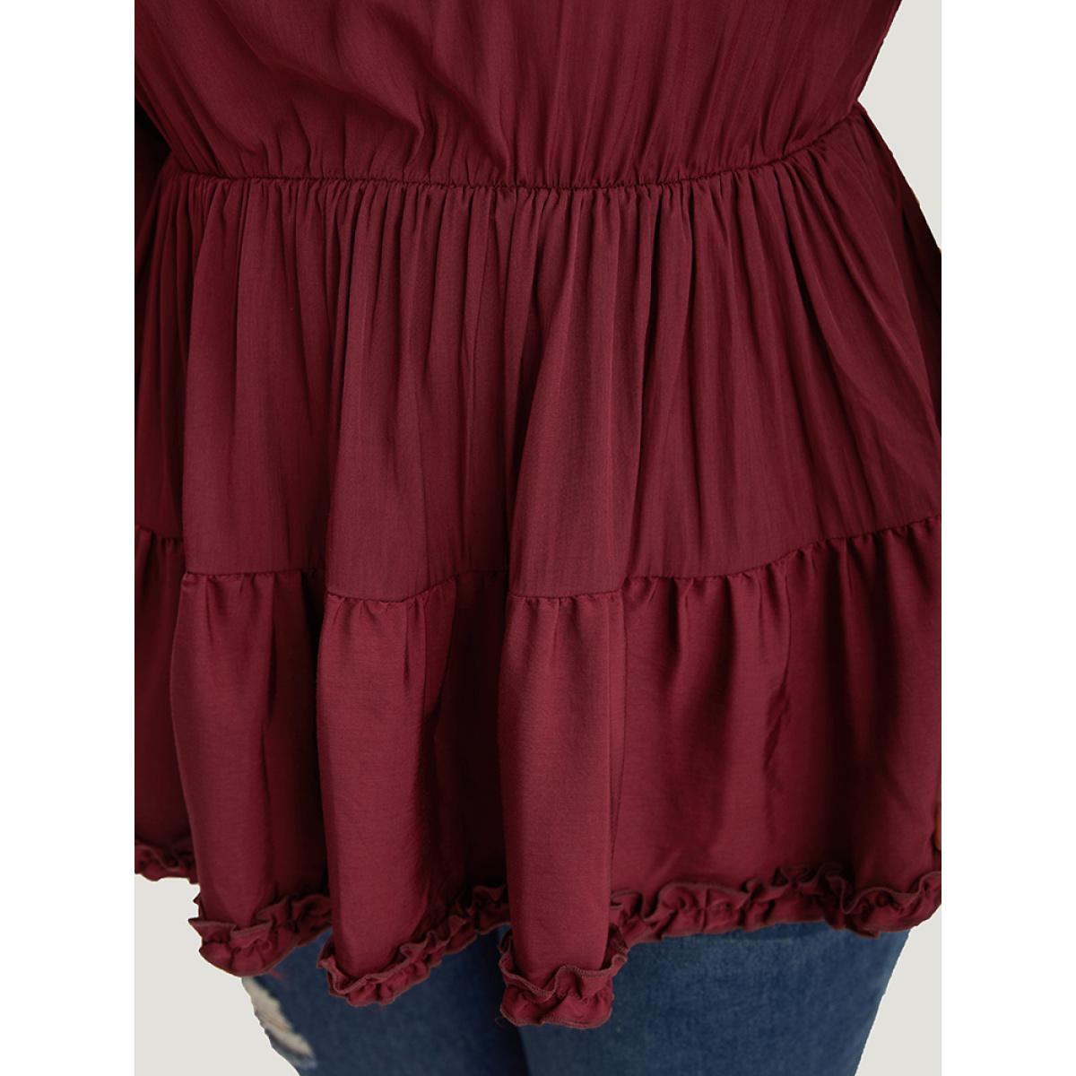 Plus Size Burgundy Plain Frill Trim Layered Hem Lantern Sleeve Blouse Women Elegant Elbow-length sleeve Round Neck Dailywear Blouses BloomChic 22-24/3X Product Image