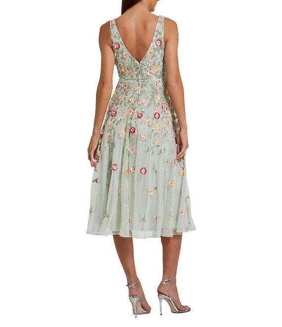 Mac Duggal Beaded V-Neck Sleeveless A-Line Midi Dress Product Image