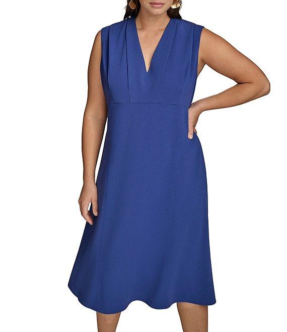 Donna Karan Plus Size V-Neck Cap Sleeve Cady Crepe A-Line Midi Dress Product Image