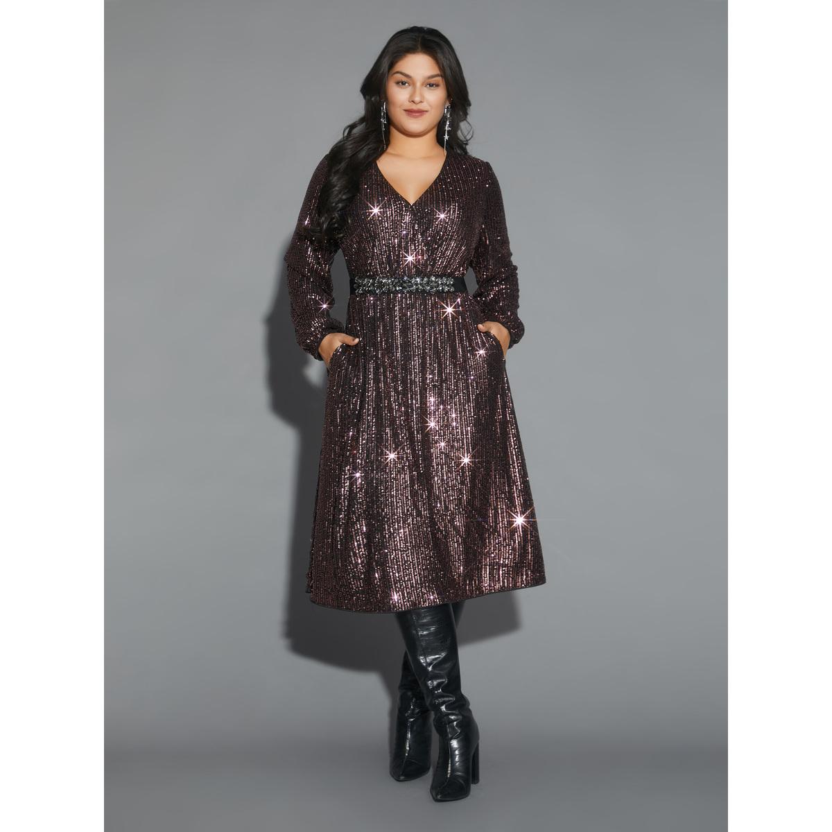 Plus Size Solid Pocket Lantern Sleeve Wrap Sequin Dress Beanpastepowder Women Party Pocket Overlap Collar Long Sleeve Curvy Midi Dress BloomChic 10/M Product Image