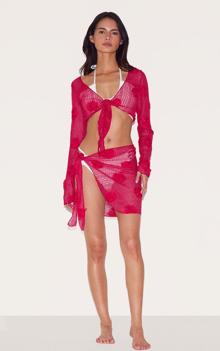 Red Textured Flower Trim Tie Front Beach Top Product Image