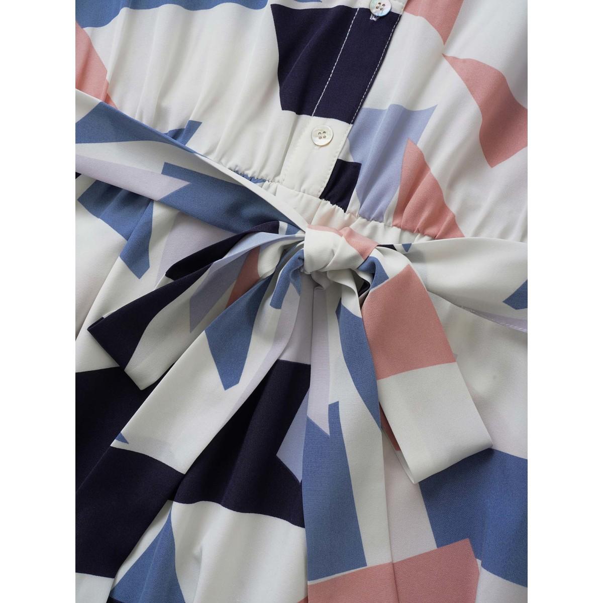 Plus Size Geometric Polo Neck Button Up Belted Dress Beige Women At the Office Belted Shirt collar Short sleeve Curvy Midi Dress BloomChic 10/M Product Image